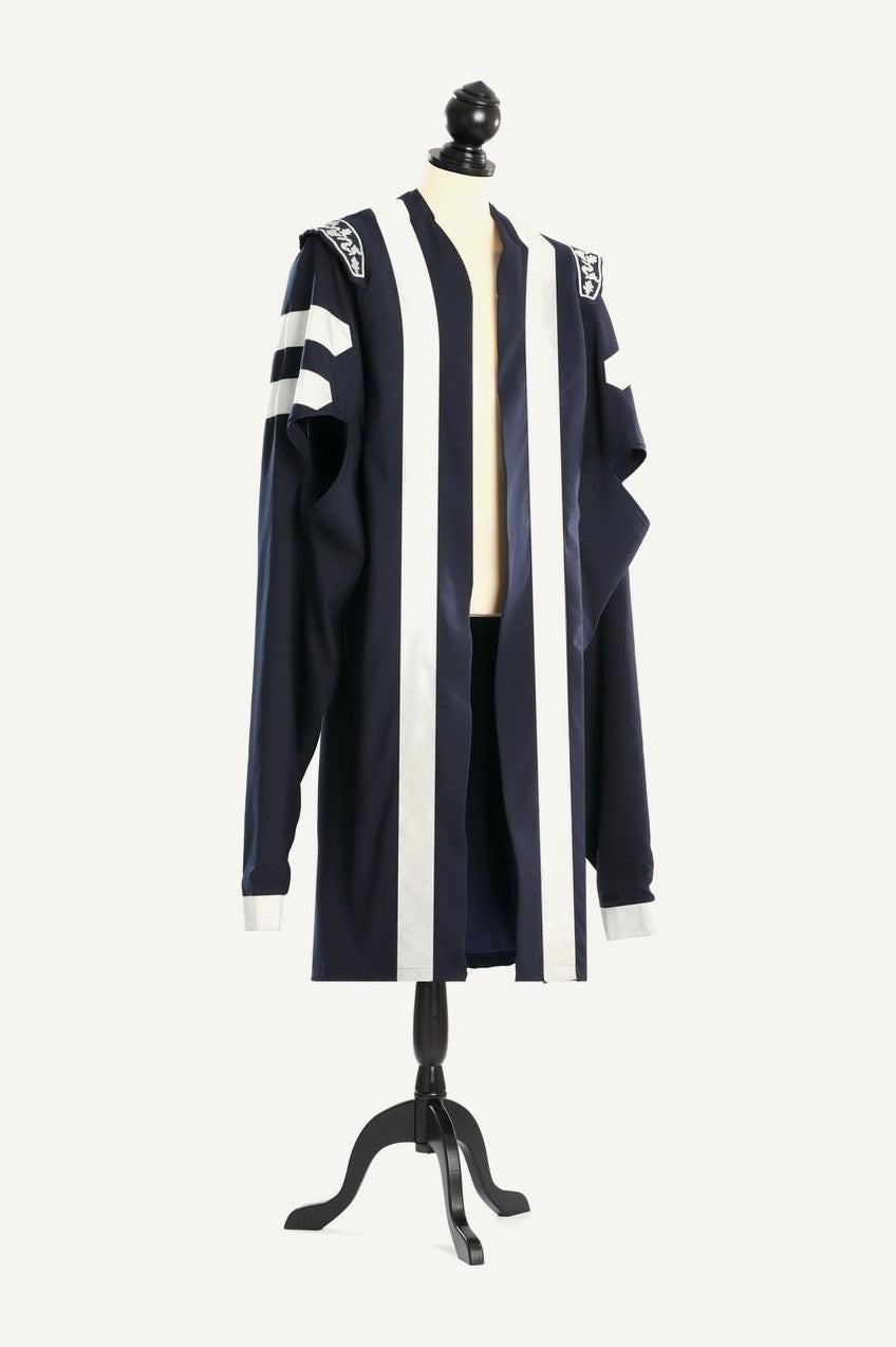Dean's robe in black with silver trim, front view