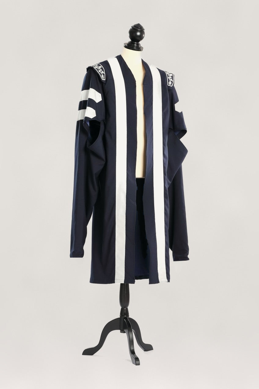 Dean's robe in black with silver trim, front view