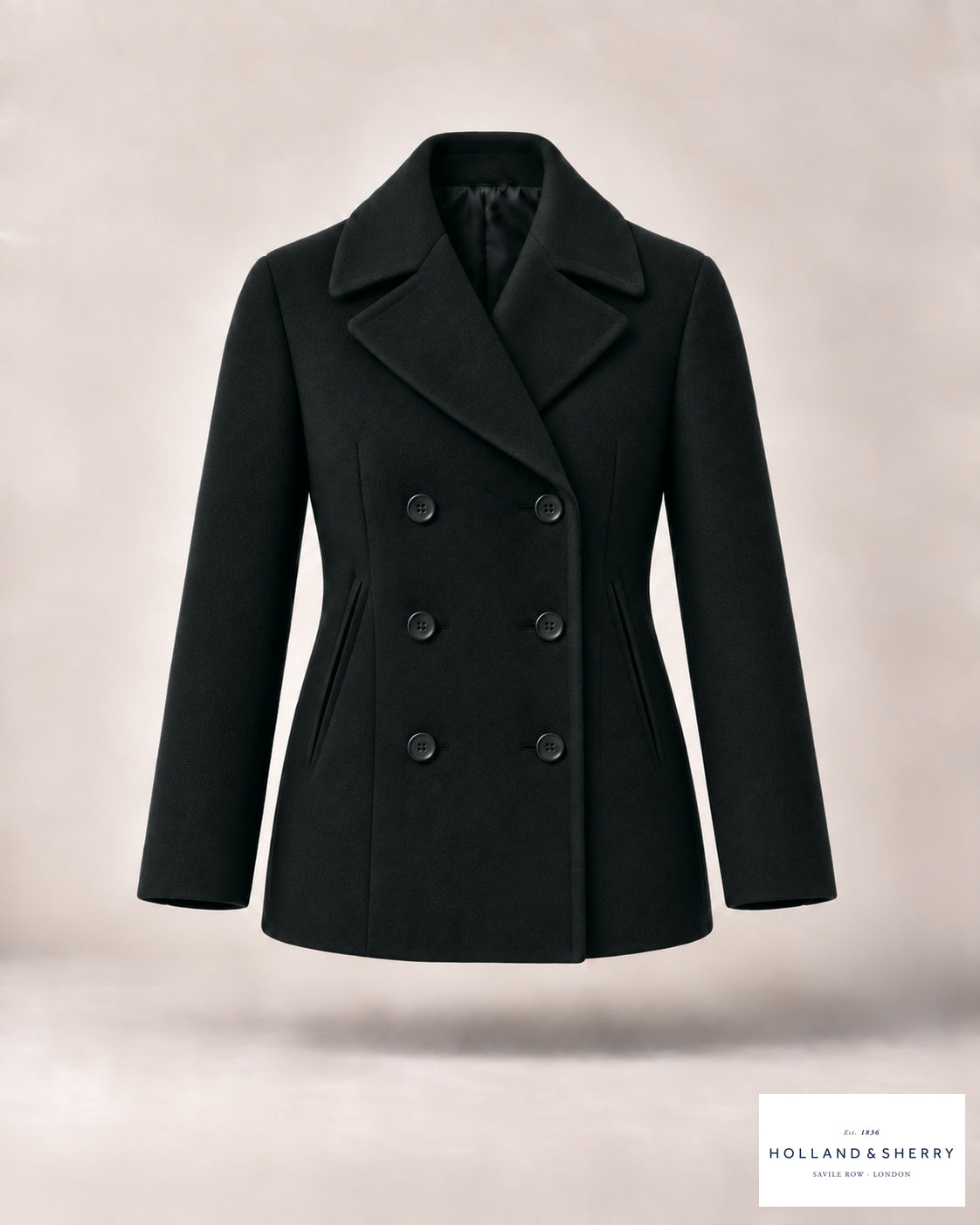 The Peacoat Women, Black, Hip length, Front view.