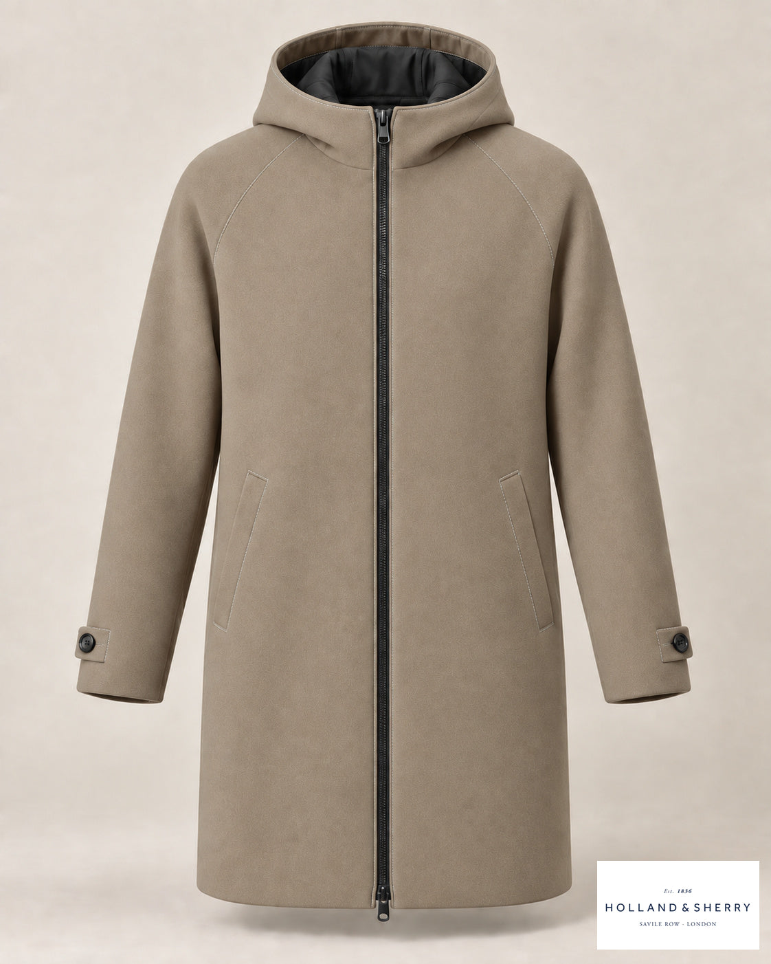 The Parka, Light Camel, Knee length, Front view.