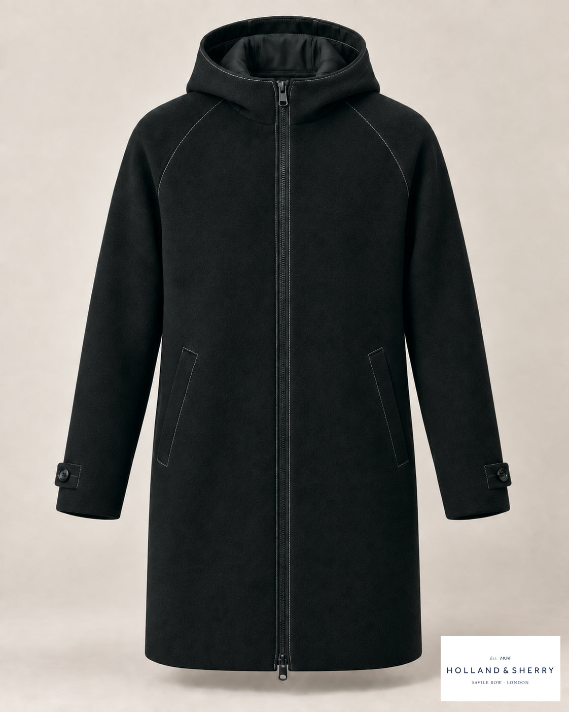 The Parka, Black, Knee length, Front view.