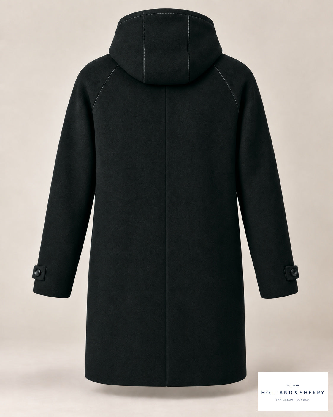 The Parka, Black, Knee length, Back view.