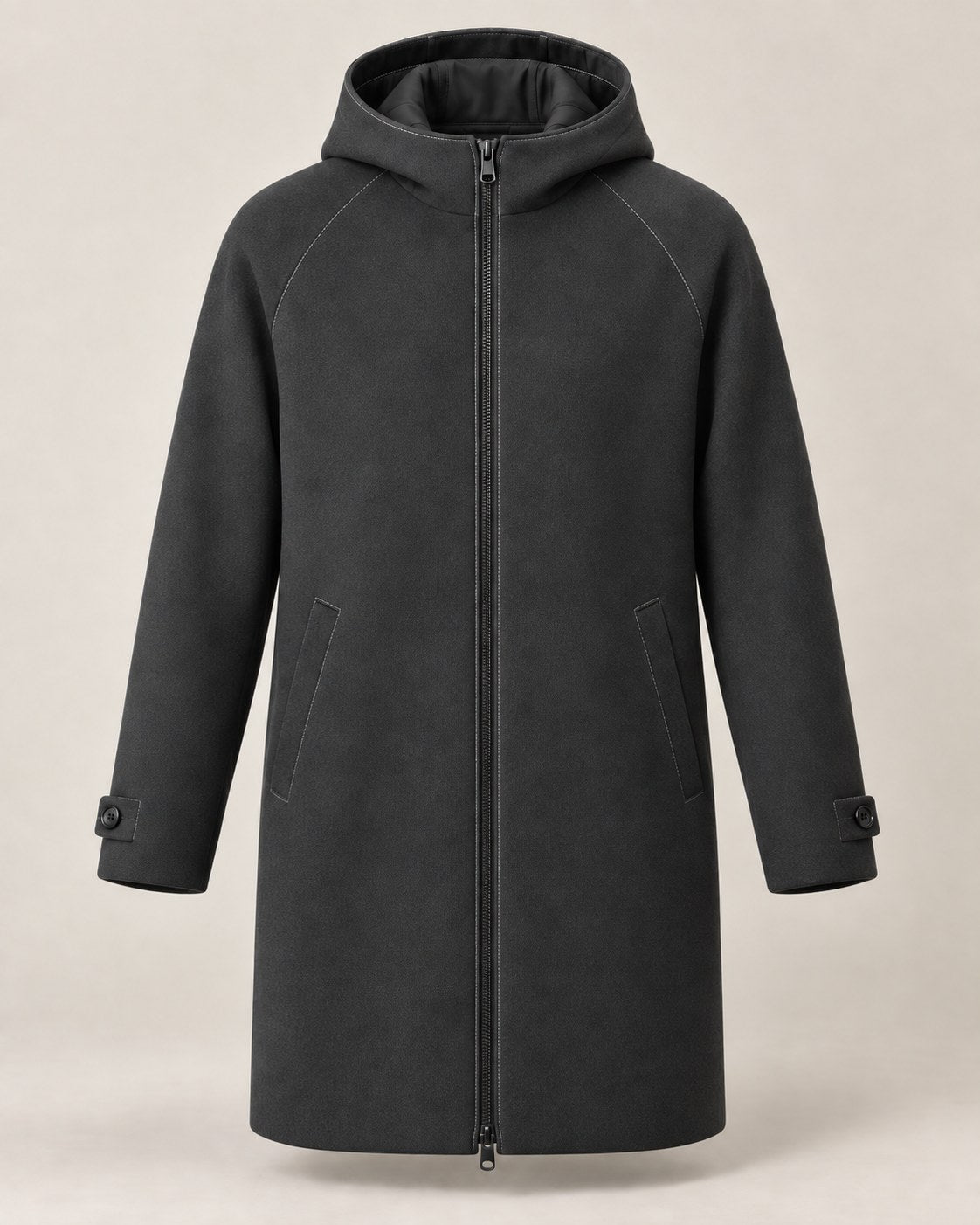 Cashmere parka in Charcoal with a hood, two-way zipper and light contrast stitching.