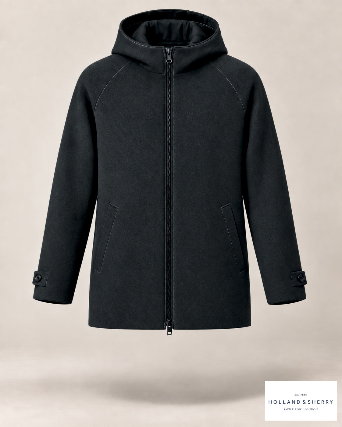 The Parka, Charcoal, Thigh length, Front view.