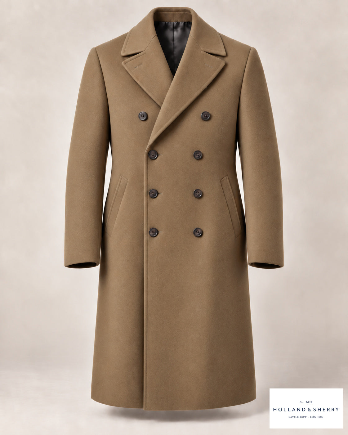 The Ulster Men, Camel, Calf length, Front view.