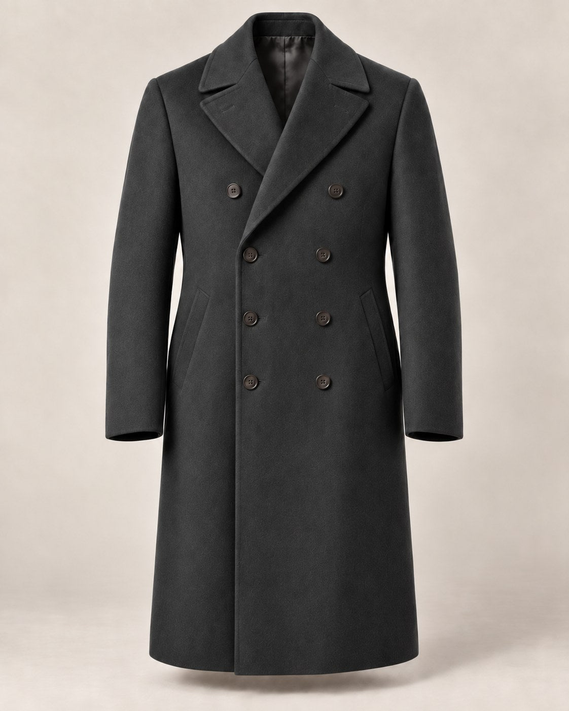 Double-breasted Ulster in Charcoal with broad lapels and eight buttons.
