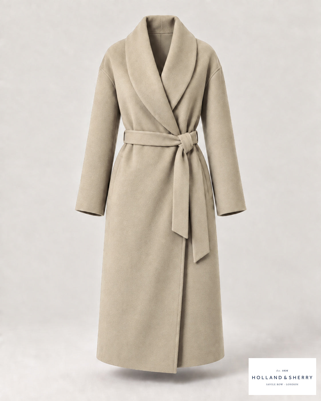 The Wrap Coat Women, Oatmeal, Calf length, Front view.