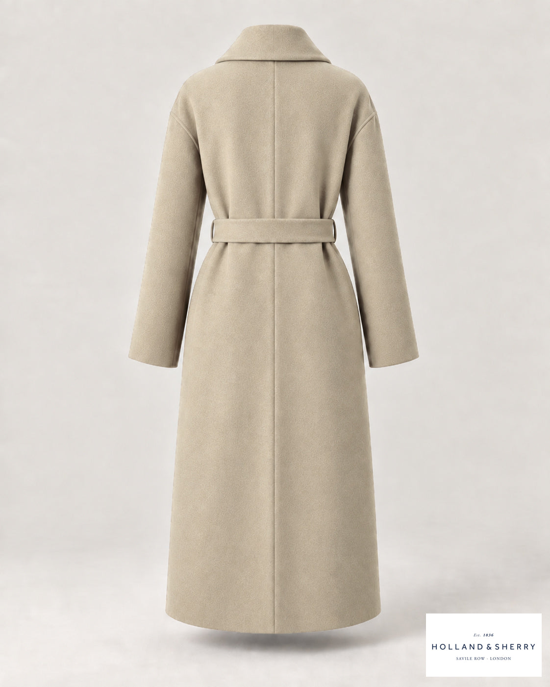 The Wrap Coat Women, Oatmeal, Calf length, Back view.