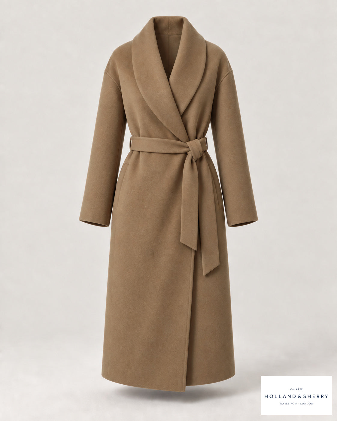 The Wrap Coat Women, Camel, Calf length, Front view.