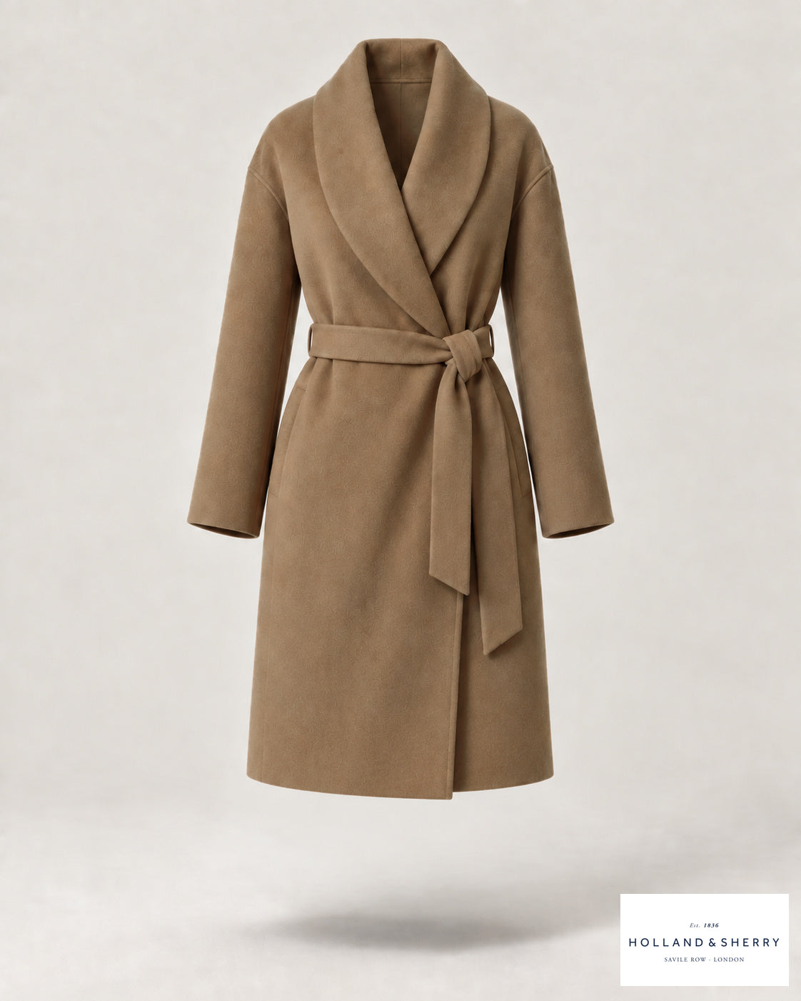 The Wrap Coat Women, Camel, Knee length, Front view.