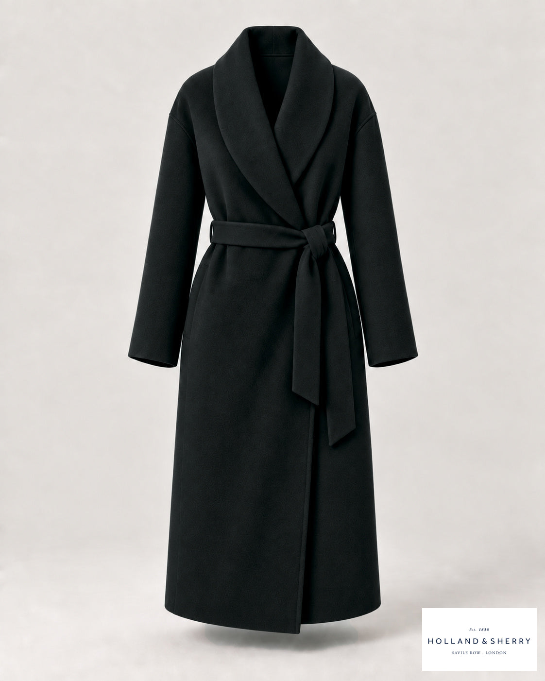 The Wrap Coat Women, Black, Calf length, Front view.