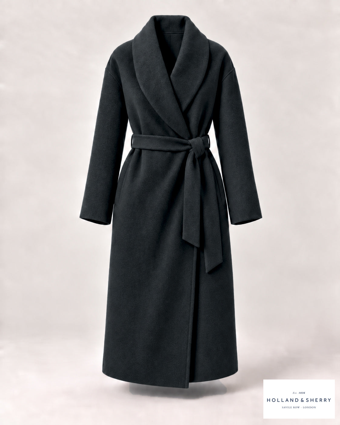 The Wrap Coat Women, Charcoal, Calf length, Front view.