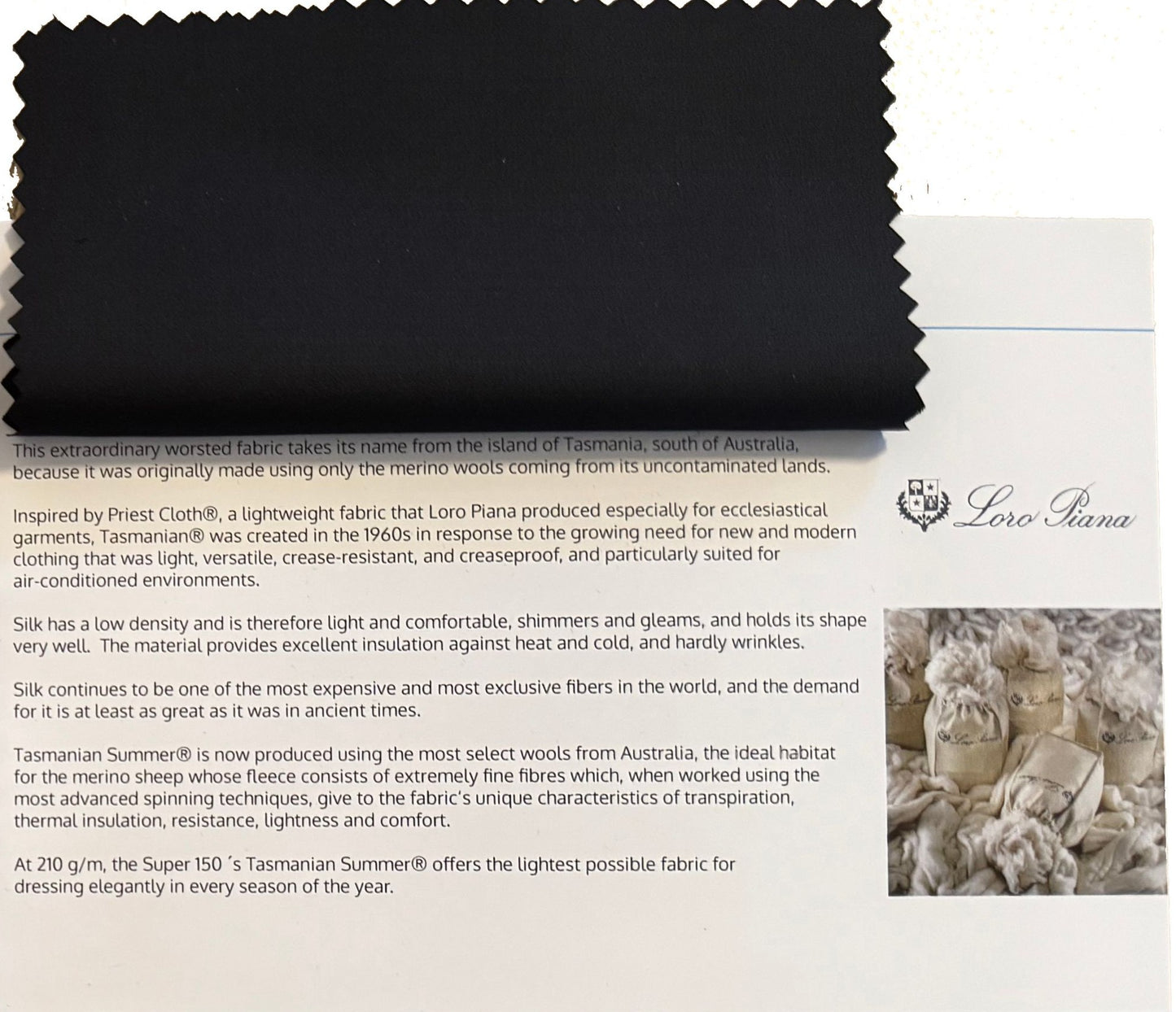 Genuine Loro Piana fabric swatch (Tasmanian Summer, Super 150’s) — black cloth from our fabric swatch card