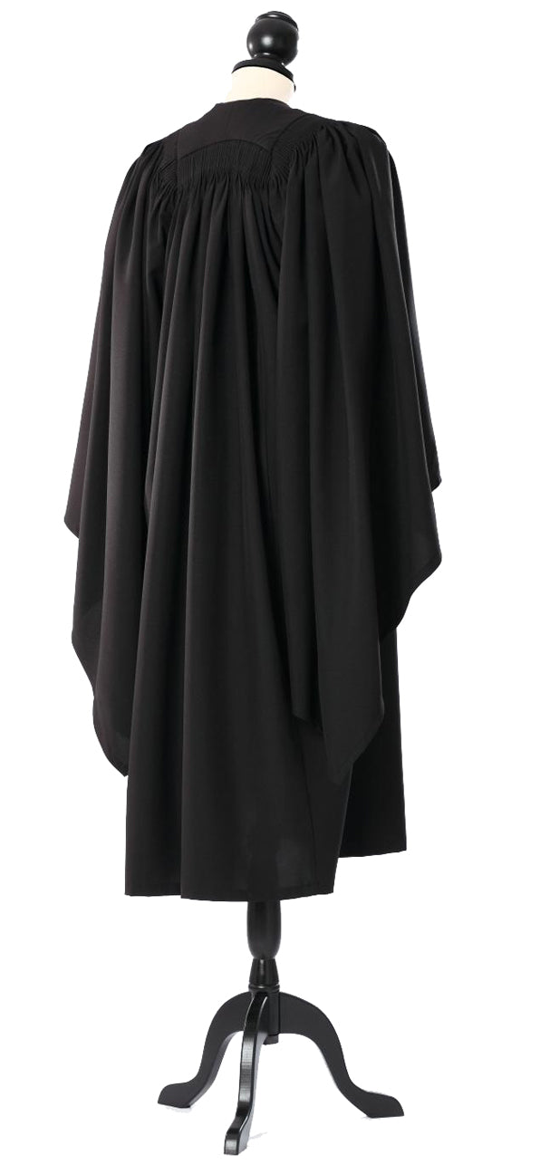 Oxford bachelor's gown in black, back view with gathered shoulders