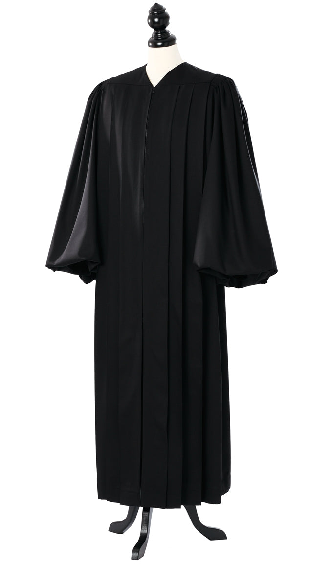 Magisterial US Judge Robe in black, open front, full bishop-bloused balloon sleeves, full length, on a tailor mannequin