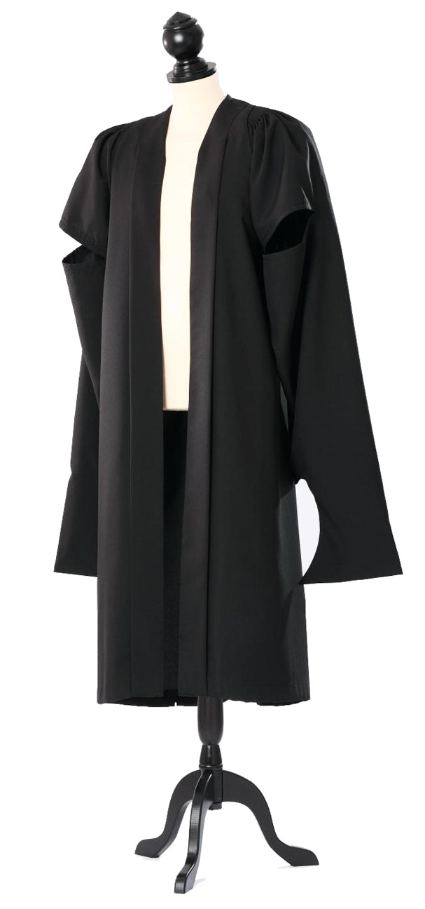 Oxford master's gown in black, open front with long hanging sleeves and high arm openings