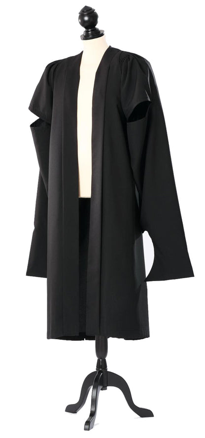 Oxford master's gown in black, open front with long hanging sleeves and high arm openings