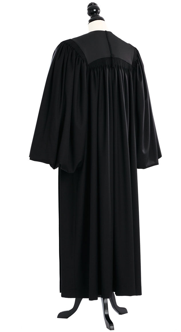 Pontiff US Judge Robe in black, back view, gathered yoke, full bloused balloon sleeves, on a tailor mannequin