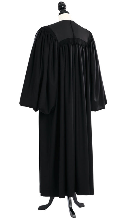 Pontiff US Judge Robe in black, back view, gathered yoke, full bloused balloon sleeves, on a tailor mannequin