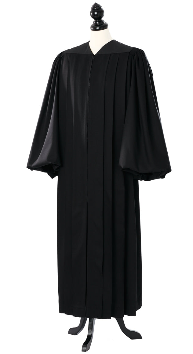 Pontiff US Judge Robe in black, open front, full balloon bishop sleeves gathered at the wrist, full length, on a tailor mannequin