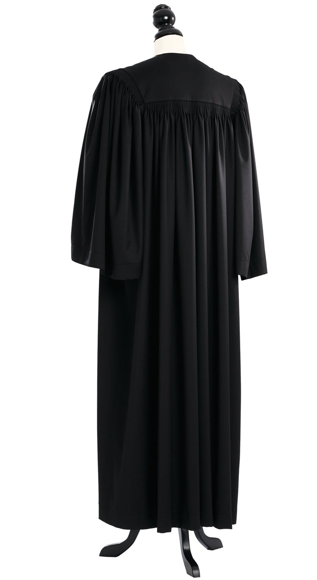 Principal US Judge Robe in black, back view, gathered yoke, medium half-bell sleeves, on a tailor mannequin