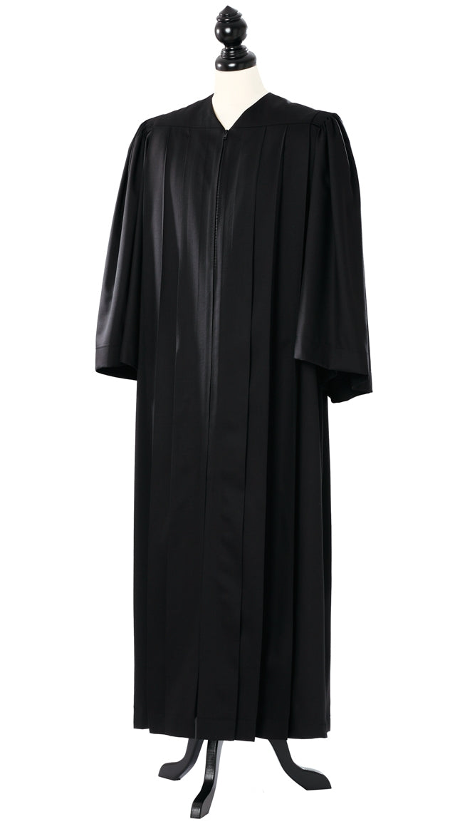 Principal US Judge Robe in black, open front, medium half-bell sleeves, full length, on a tailor mannequin
