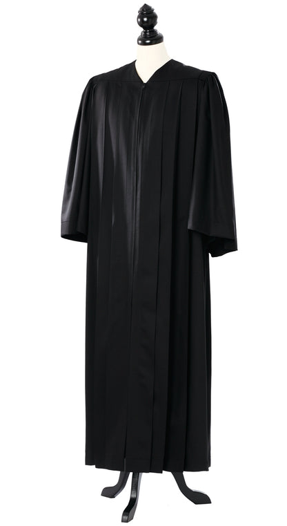 Principal US Judge Robe in black, open front, medium half-bell sleeves, full length, on a tailor mannequin