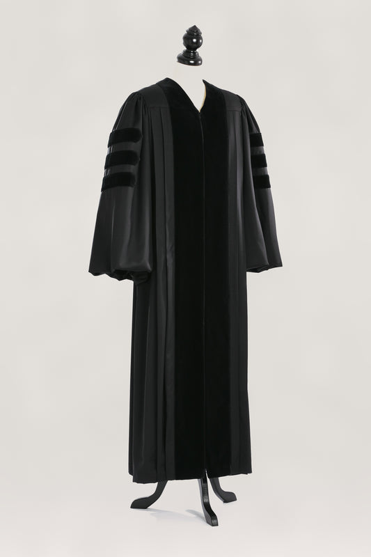 Doctoral Pulpit Robe — front view on bust and stand, studio photograph
