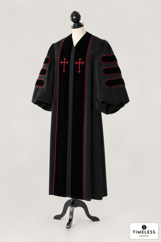 Dr. of Divinity clergy robe, front: black velvet facings with red piping, two embroidered crosses and three velvet bars on each sleeve