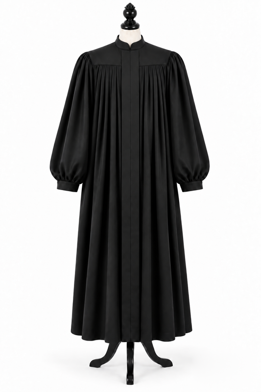 Rabbi and cantor robe with a generous silhouette, yoke and pleats on a dress form – style visualisation · Silver Wool, Gold Silk