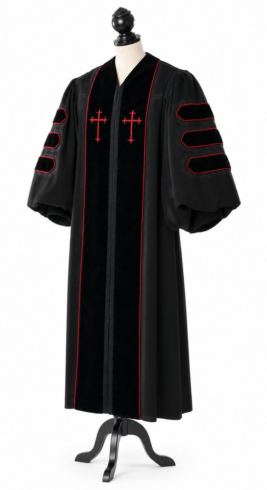 Dr. of Divinity clergy robe, front: black velvet facings with red piping, two embroidered crosses and three velvet bars on each sleeve