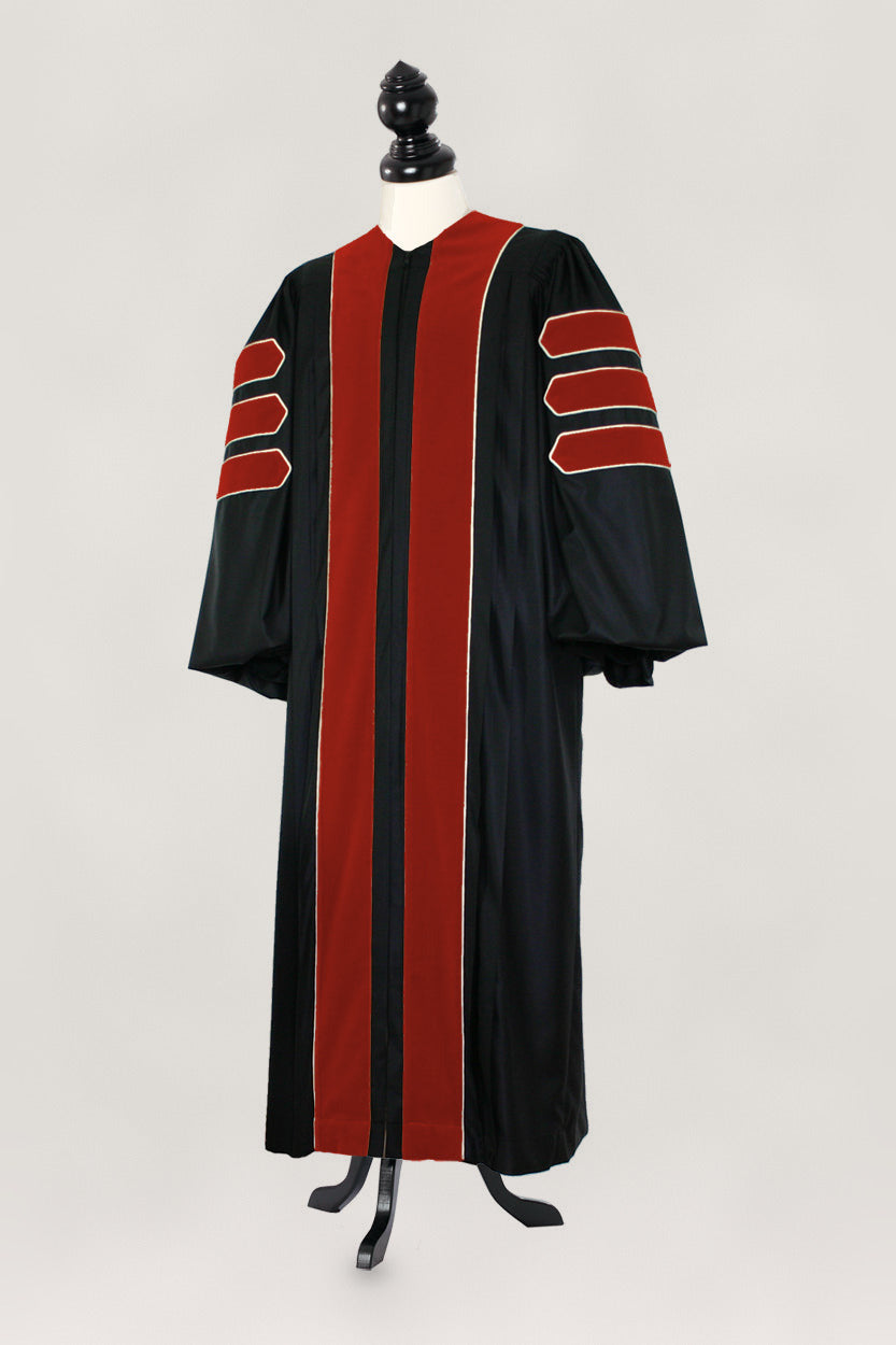 Forestry doctoral gown — front view with russet velvet trim