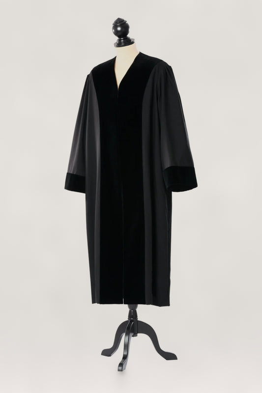 German commercial judge's robe, front view with velvet lapels and sleeve trim