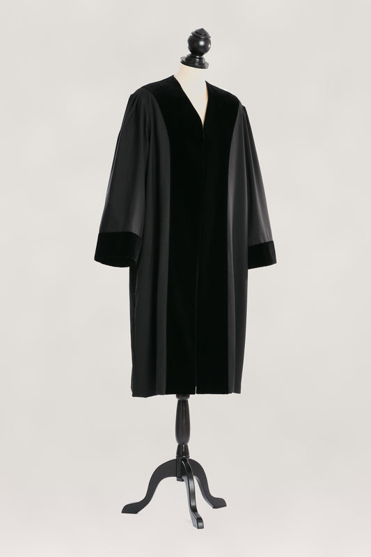 German Public Prosecutor's Robe — front view on bust and stand, studio photograph