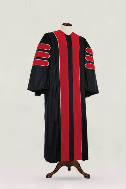 Journalism doctoral gown — front view with crimson velvet trim