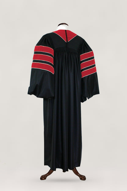 Journalism doctoral gown — back view with crimson velvet trim
