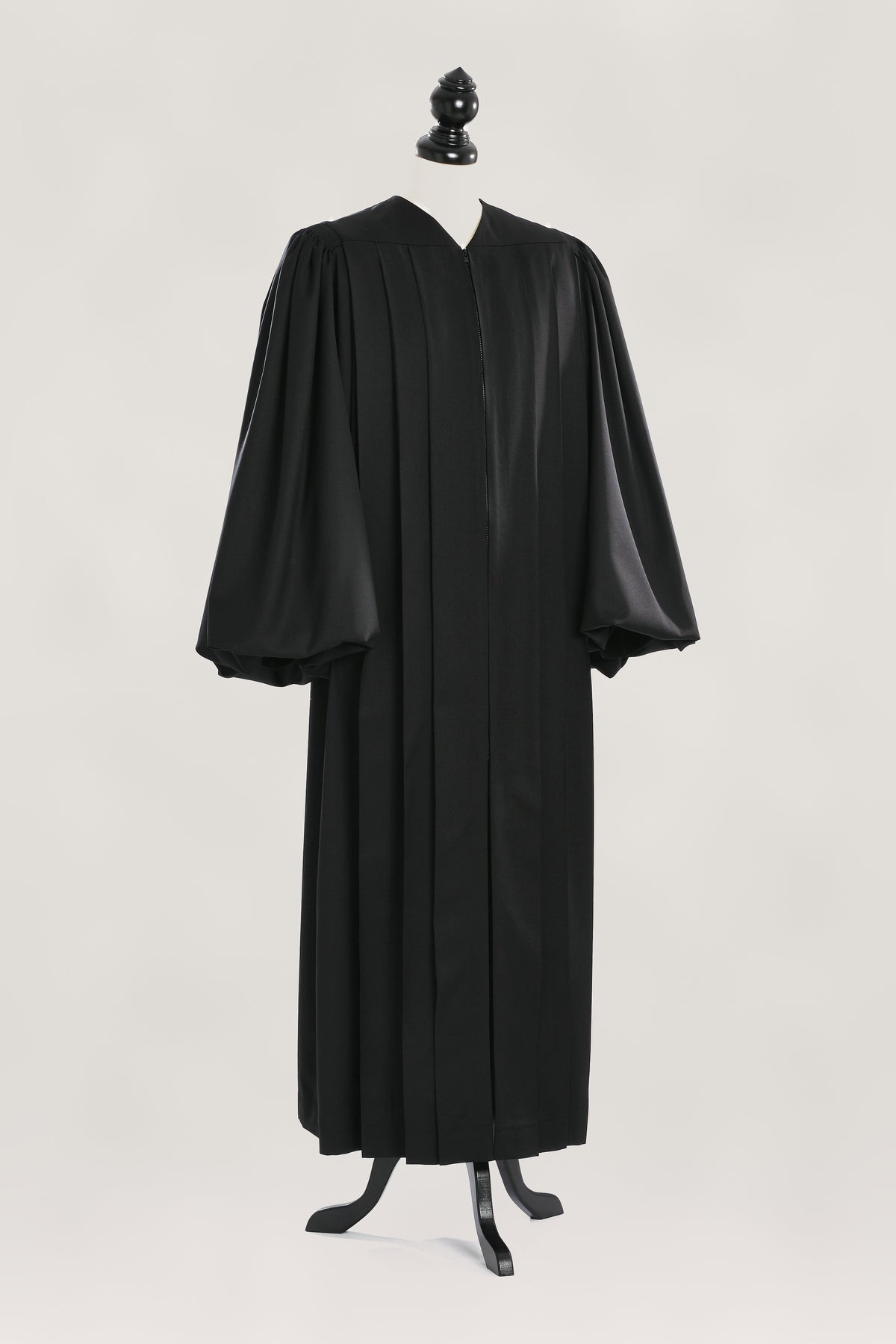 Magisterial US Judge Robe — front view on bust and stand, studio photograph