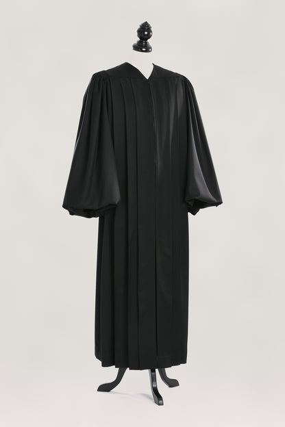 Magisterial US Judge Robe — front view on bust and stand, studio photograph