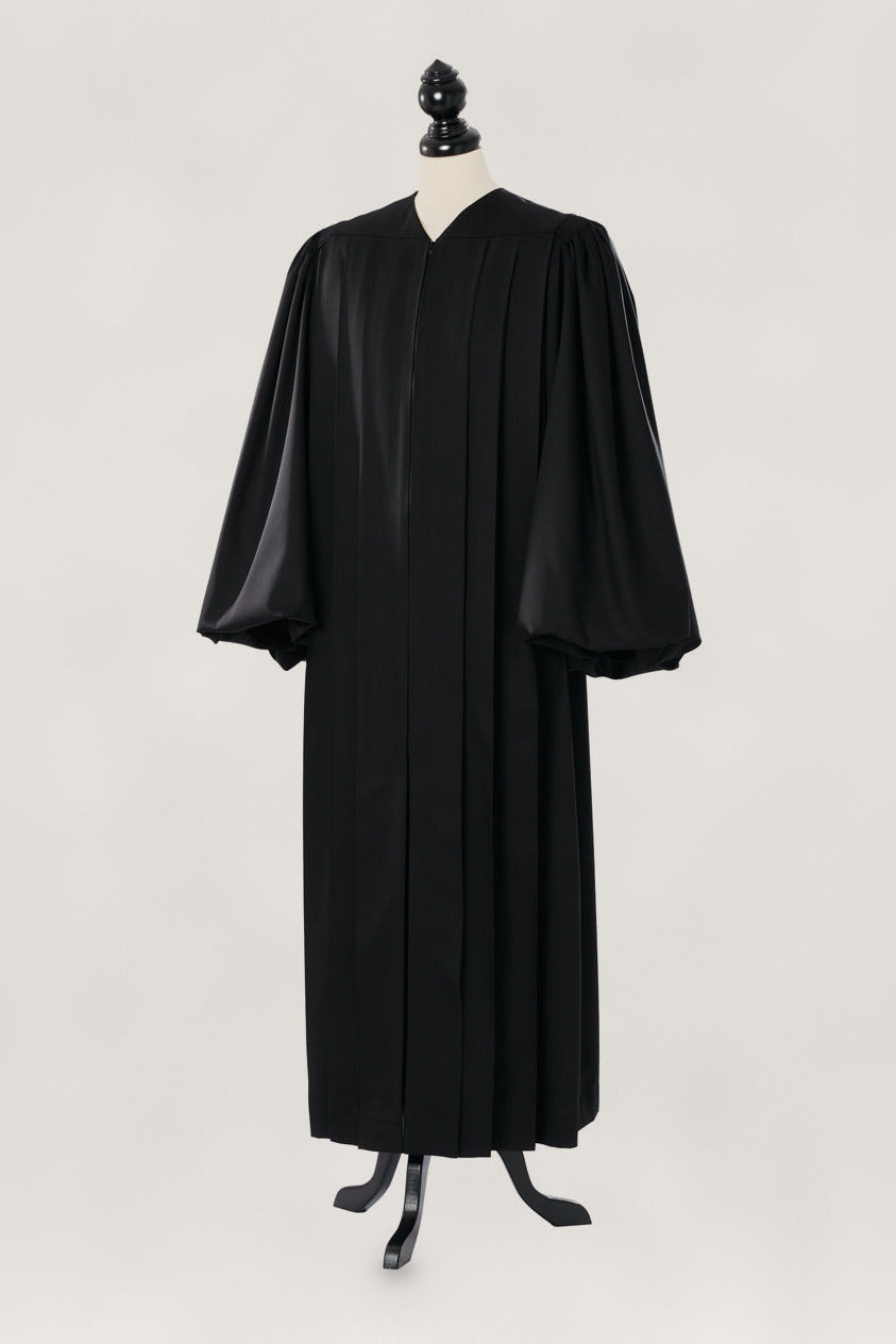 Magisterial US Judge Robe in black, open front, full bishop-bloused balloon sleeves, full length, on a tailor mannequin