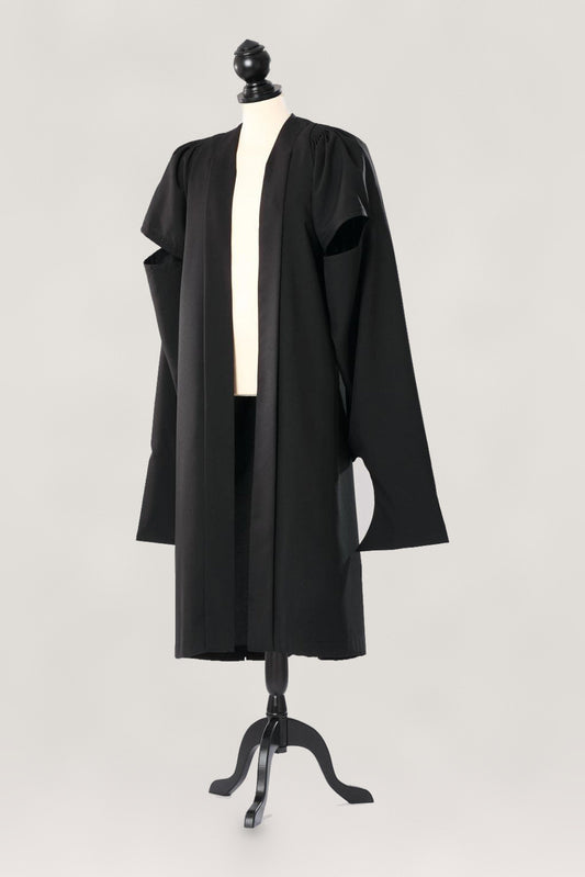 Oxford master's gown in black, open front with long hanging sleeves and high arm openings