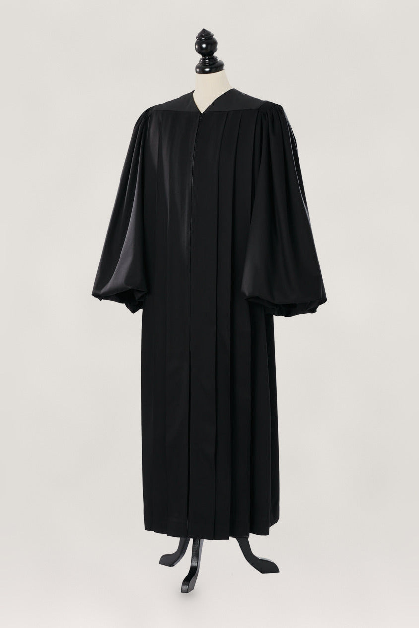 Pontiff US Judge Robe in black, open front, full balloon bishop sleeves gathered at the wrist, full length, on a tailor mannequin