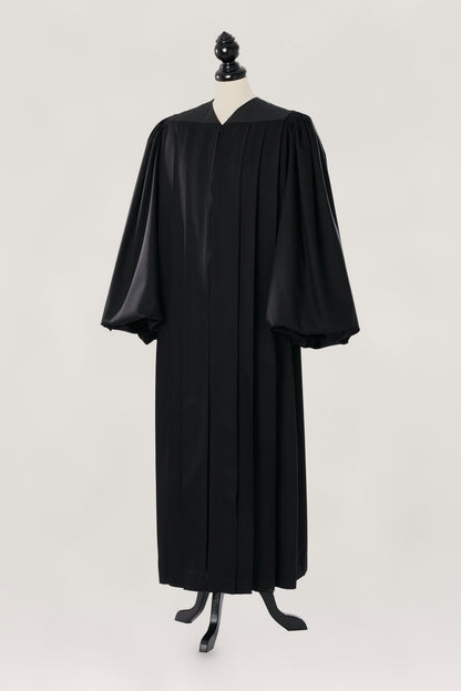 Pontiff US Judge Robe in black, open front, full balloon bishop sleeves gathered at the wrist, full length, on a tailor mannequin