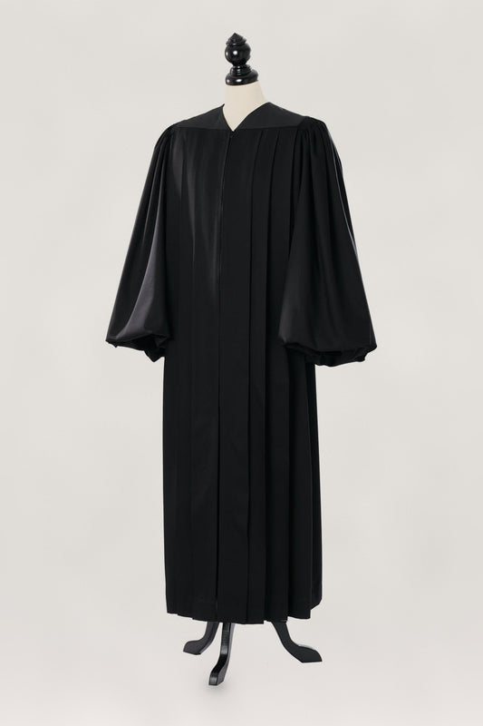 Pontiff US Judge Robe in black, open front, full balloon bishop sleeves gathered at the wrist, full length, on a tailor mannequin