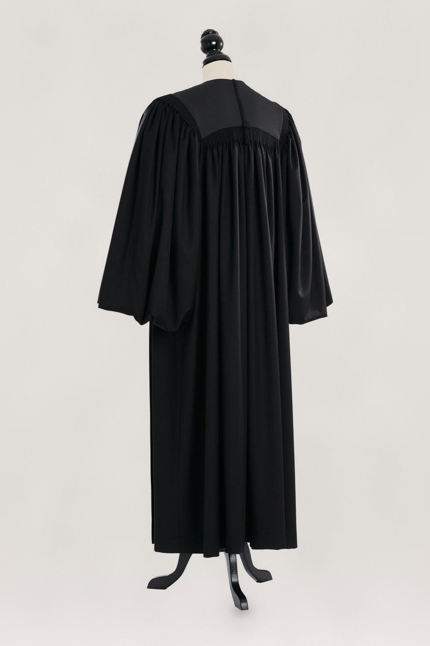 Pontiff US Judge Robe in black, back view, gathered yoke, full bloused balloon sleeves, on a tailor mannequin