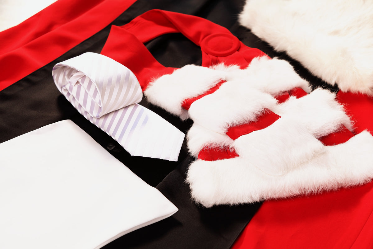 Striped silk tie, white pocket square, red collar and white fur trims of a ceremonial robe, laid on black robe cloth