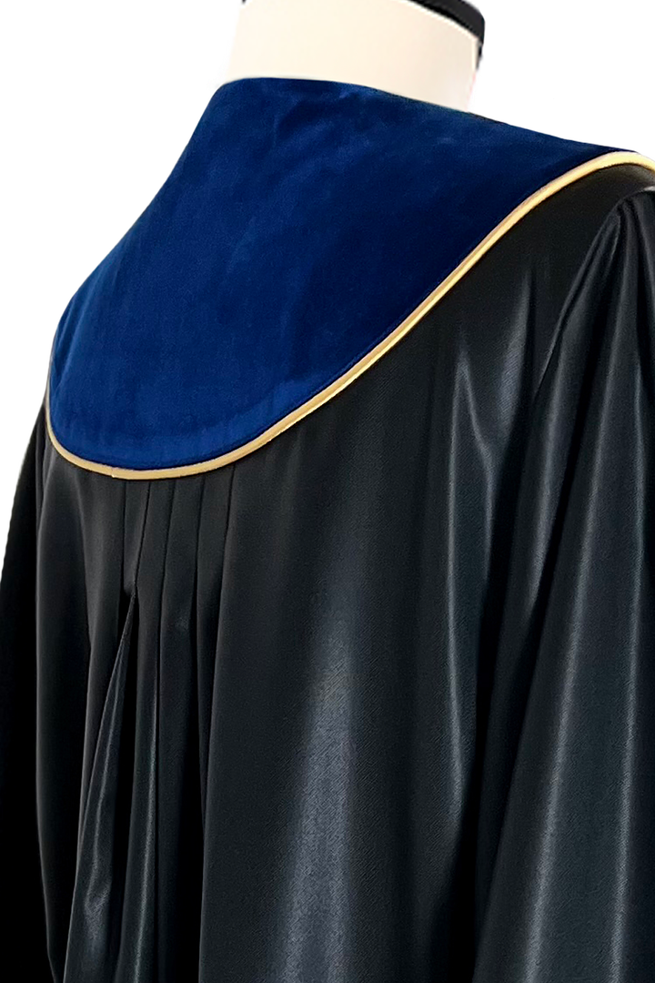 UPC Appeal Robe – Custom Tailored Judicial Robe — royal blue velvet collar with gold piping at the back, close-up