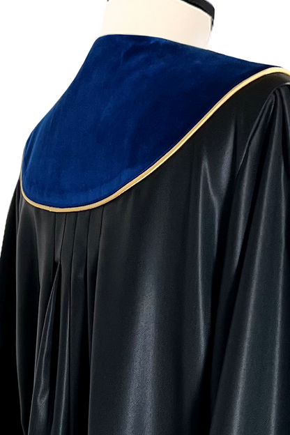 UPC Appeal Robe – Custom Tailored Judicial Robe — royal blue velvet collar with gold piping at the back, close-up