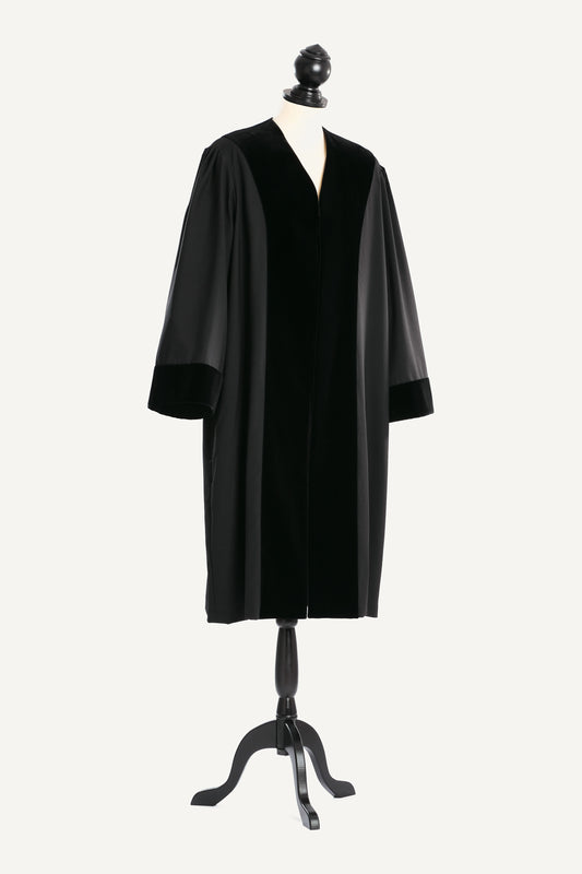 German Judge's Robe — front view on bust and stand, studio photograph