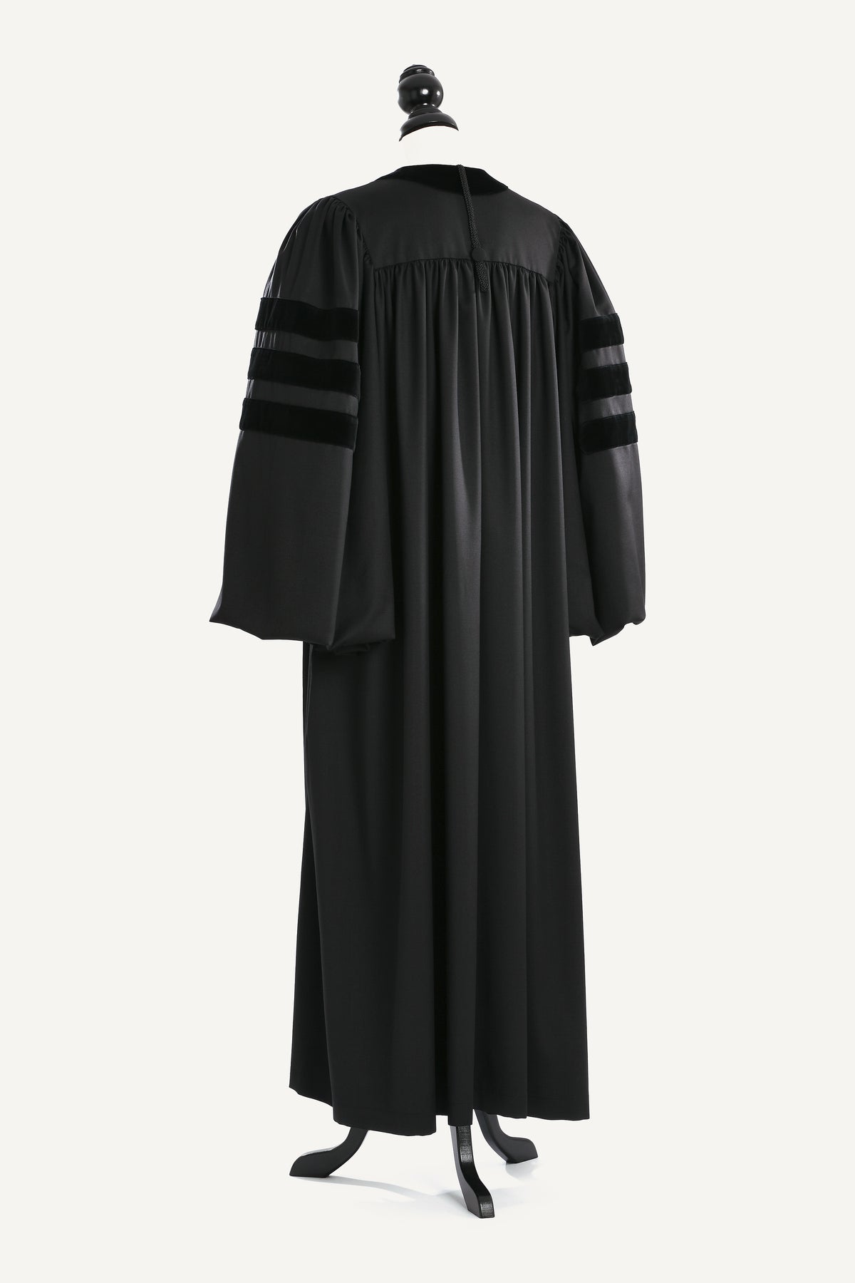 Doctoral Pulpit Robe — back view on bust and stand, studio photograph