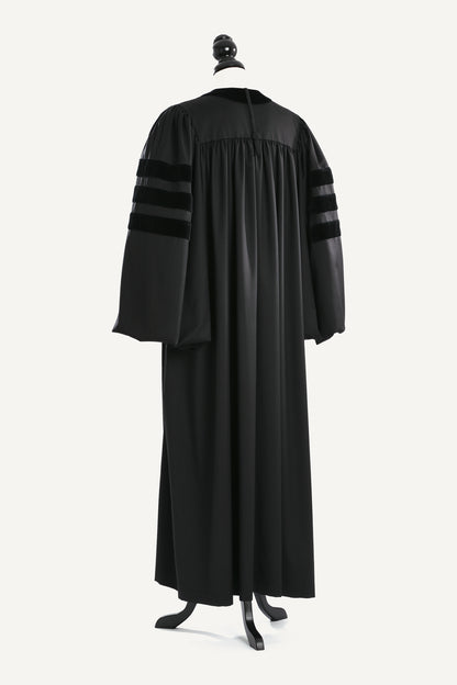 Doctoral Pulpit Robe — back view on bust and stand, studio photograph